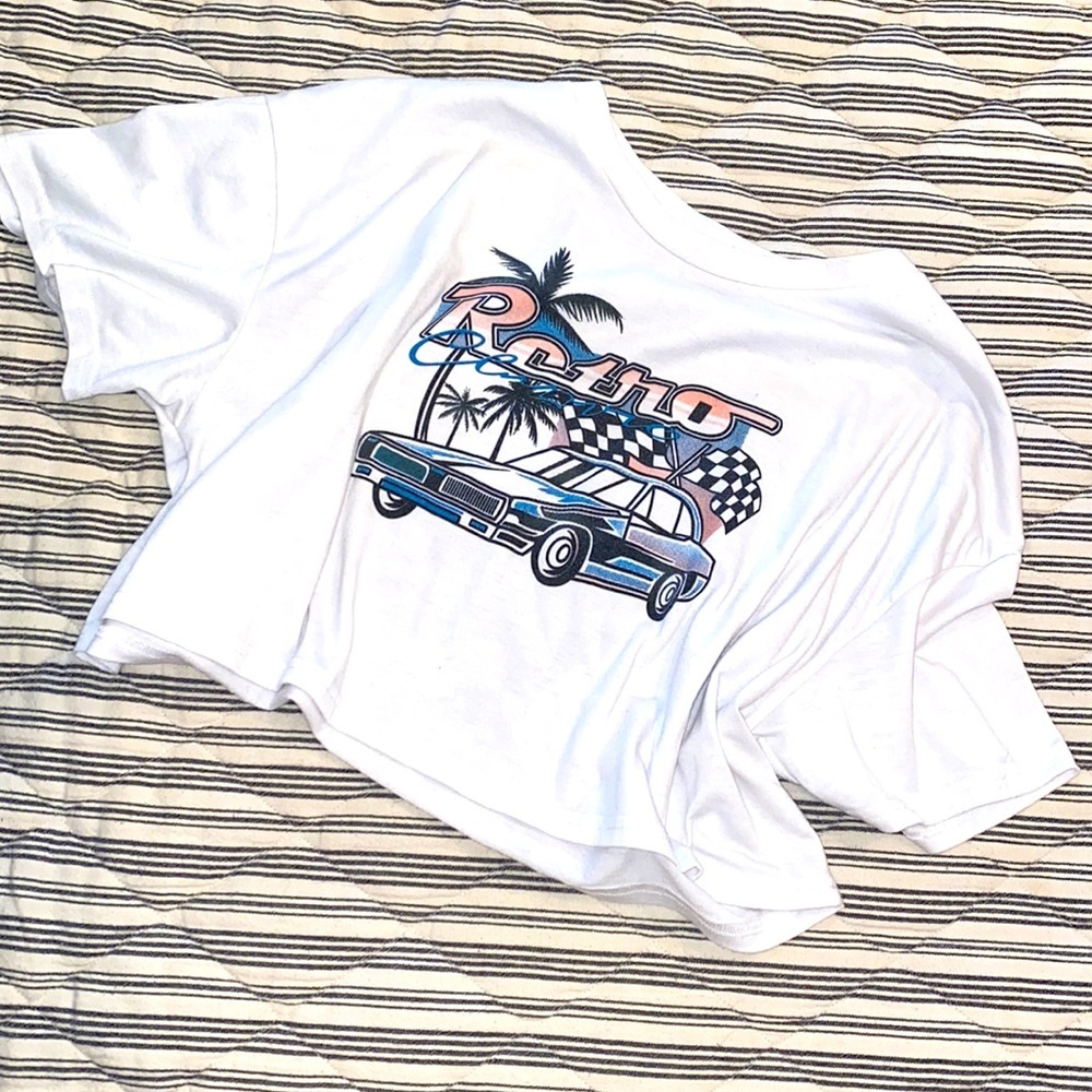 Romwe Sz XL White Cropped Crew Short Sleeve T Shirt Top Retro Car Graphic Print